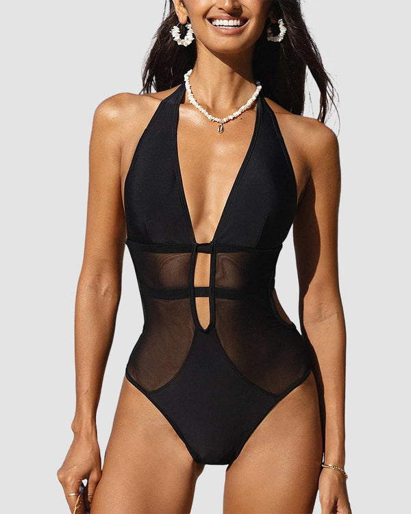 Plunge Halter Neck Mesh Backless Swimsuit