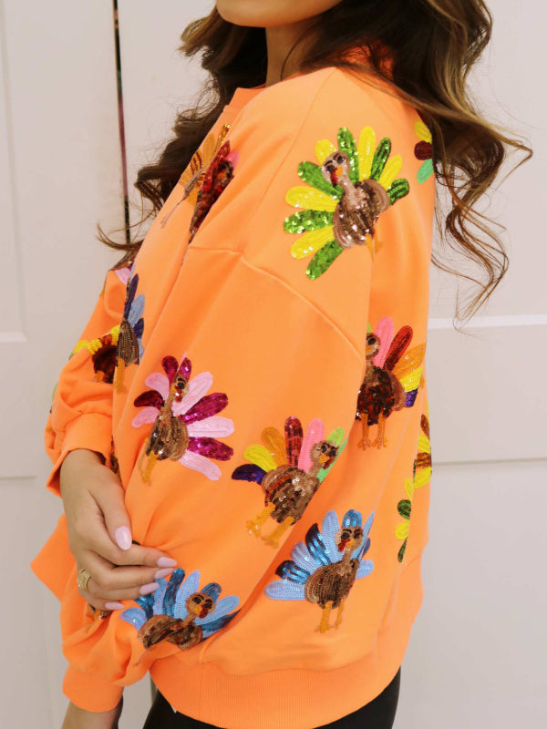 Neon Orange Turkey Sequin Sweatshirt