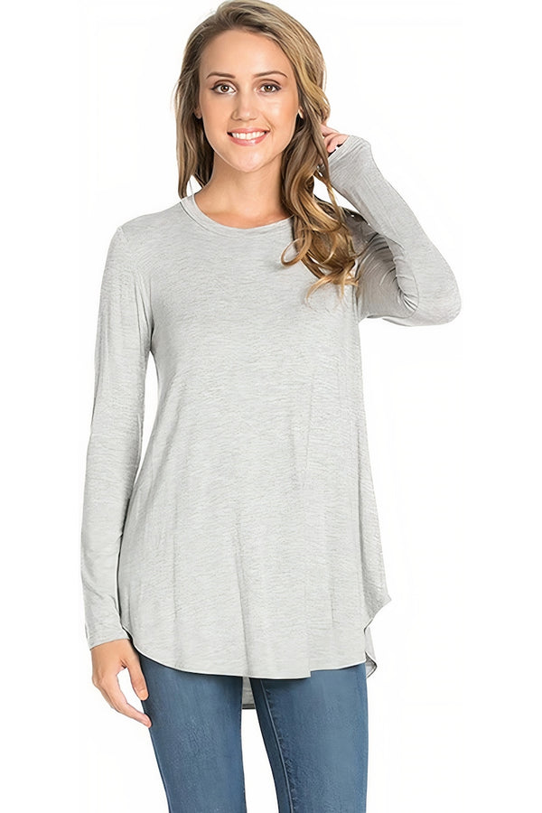 Azules Long Sleeve Crew Neck Soft Curved Hem Tunic Top Perfect with Leggings and Jeans - Made in USA